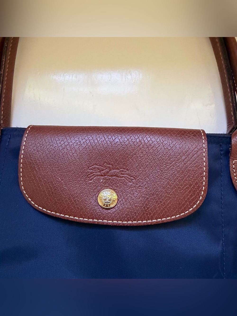 Longchamp La Pliage Tote Navy Blue Nylon Leather Classic Authentic - Picture 2 of 16